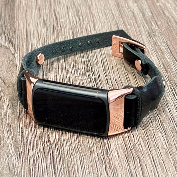 Black Leather Slim Strap Fitbit Charge 5 Band Rose Gold Jewelry Women Bracelet - Picture 1 of 8